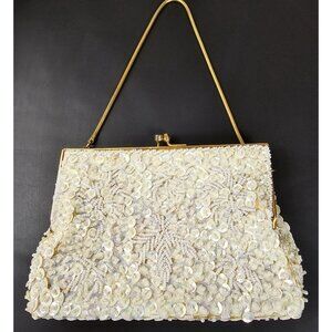 Beaded Clutch Purse Evening Bag Hand Made in Hong Kong MCM Sequin Ivory 7"x4.5"